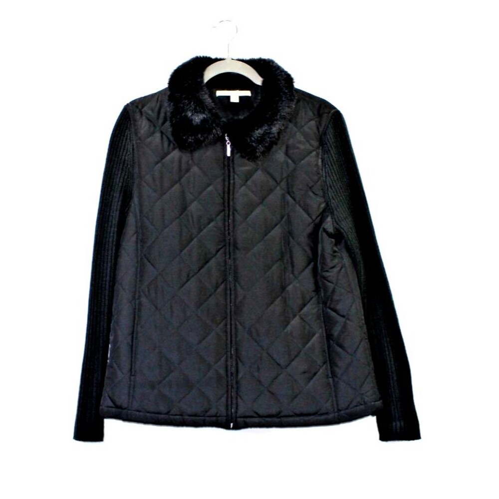 Carolyn Taylor Jacket Ribbed Puffer Sweater Sleeves Size L Faux Fur Collar Black